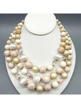 Vintage Triple Strand Layered Bib Bead Necklace Cream Pink Japan